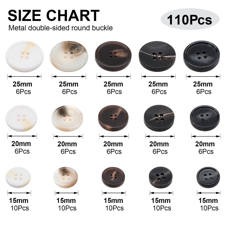OELFFOW 110Pcs Mixed Sewing Buttons, 4-Hole Craft Round Blazer Buttons, 5 Color 3 Size(15mm,20mm,25mm) Suit Coats Resin Button, Suitable for Variety Clothing Sewing, DIY Craft(White) - Image 2